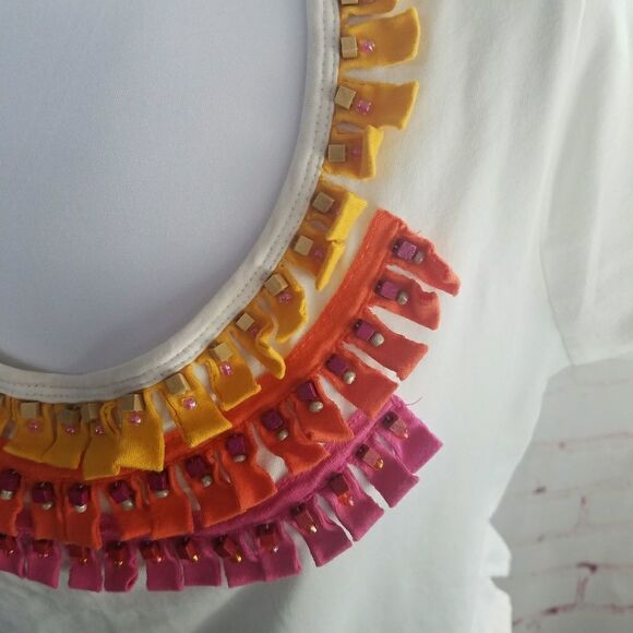3/$25 Ruby Rd white tee colorful tassles beads - Picture 2 of 4